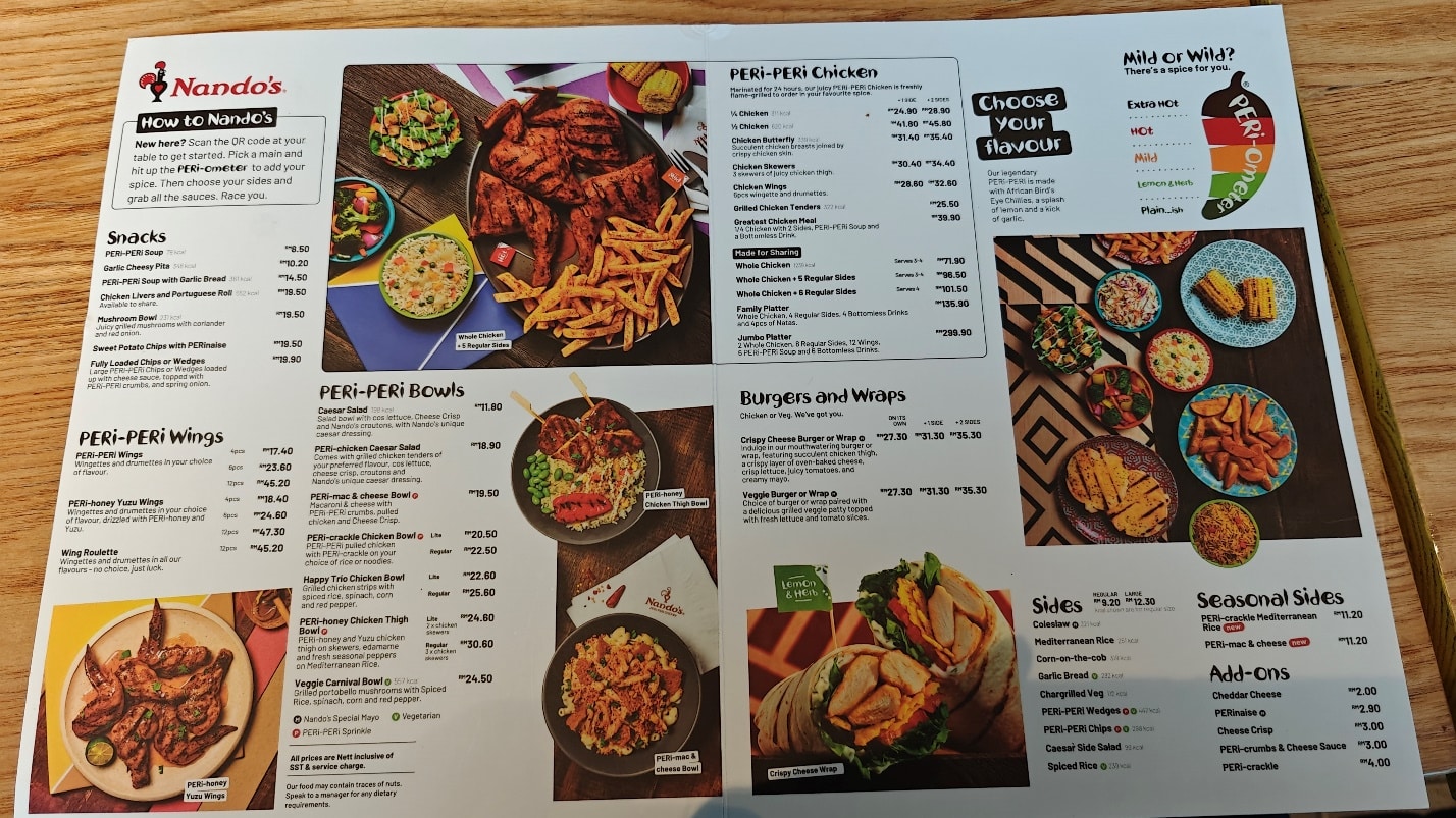 Nando’s food menu at Bintang Megamall Miri