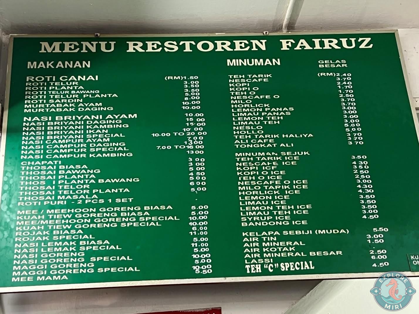 Another menu listed Roti, Biryani, Thosai and Noodle options