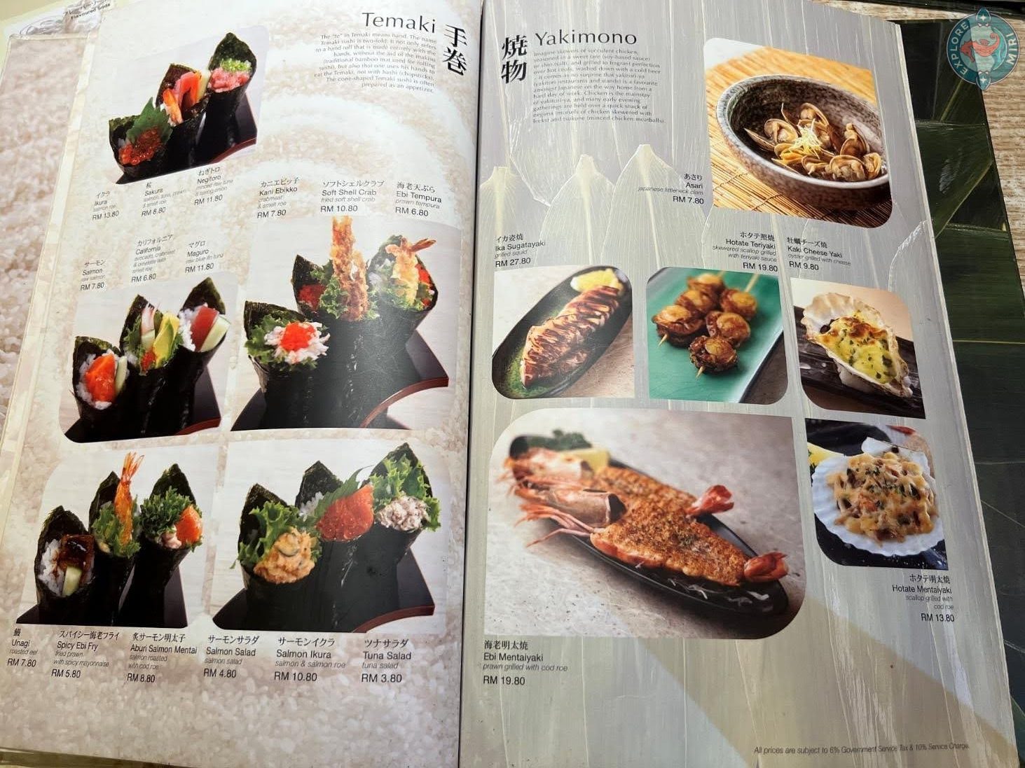 Temaki hand rolls and Yakimono menu