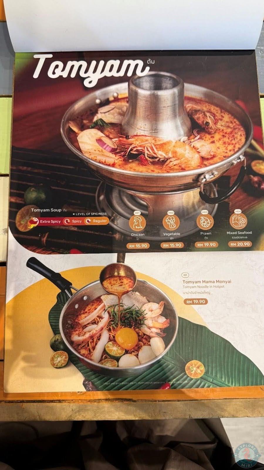 Tomyam soup and Tomyam Mama Monyai in different levels of spicyness