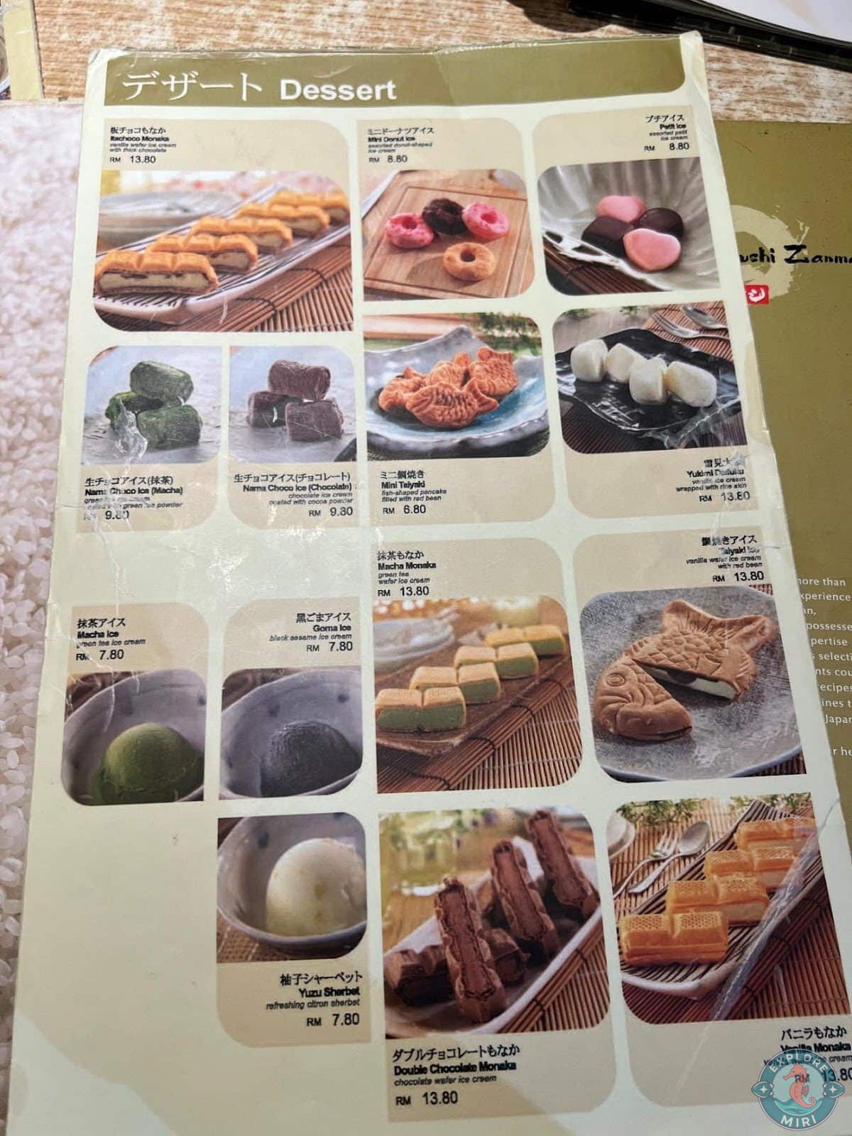 dessert menu