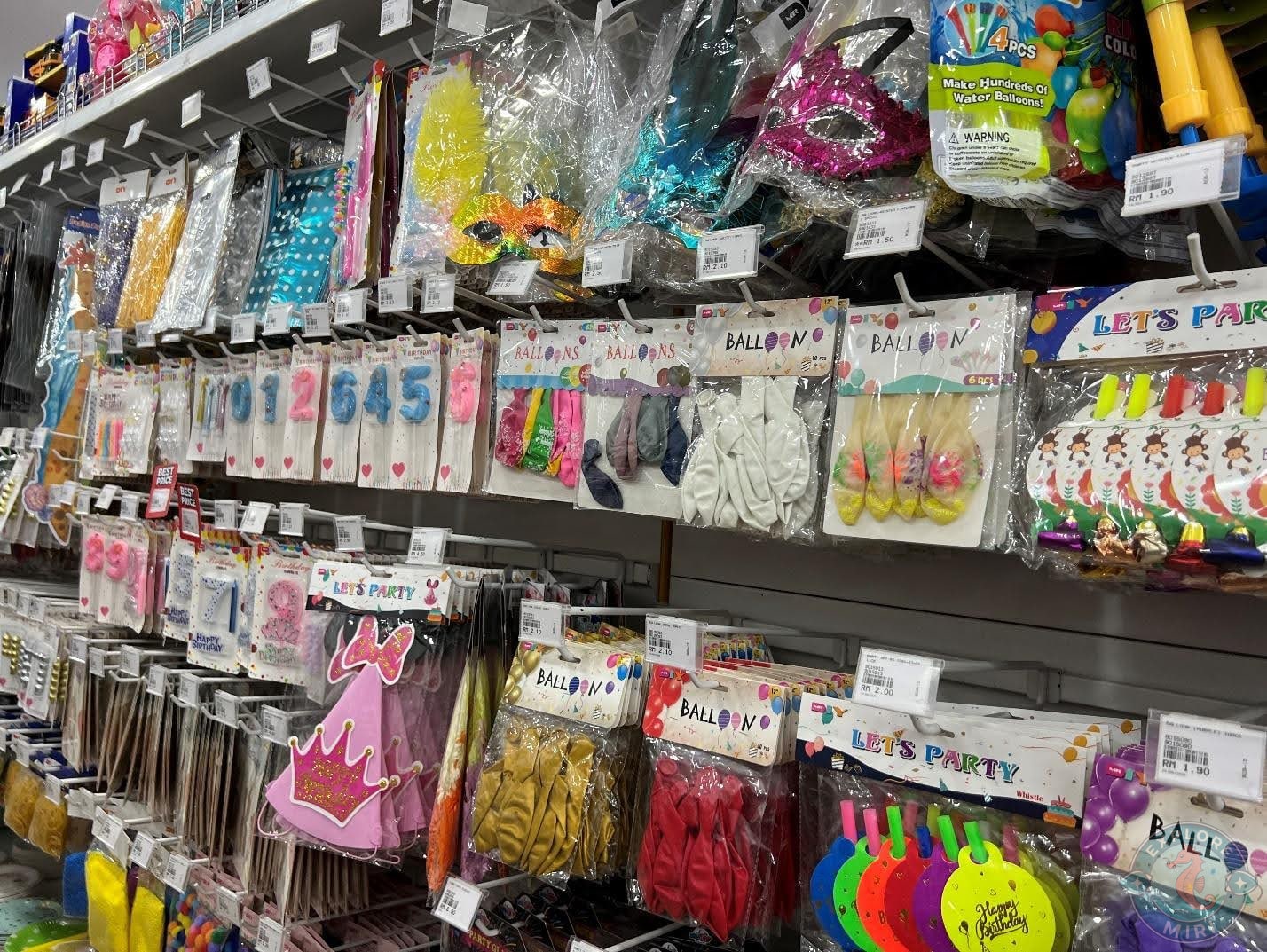 party essentials like balloons, hats and other decors