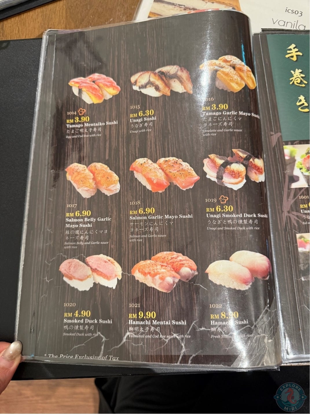 duck, salmon, unagi, egg and hamachi along with avocado