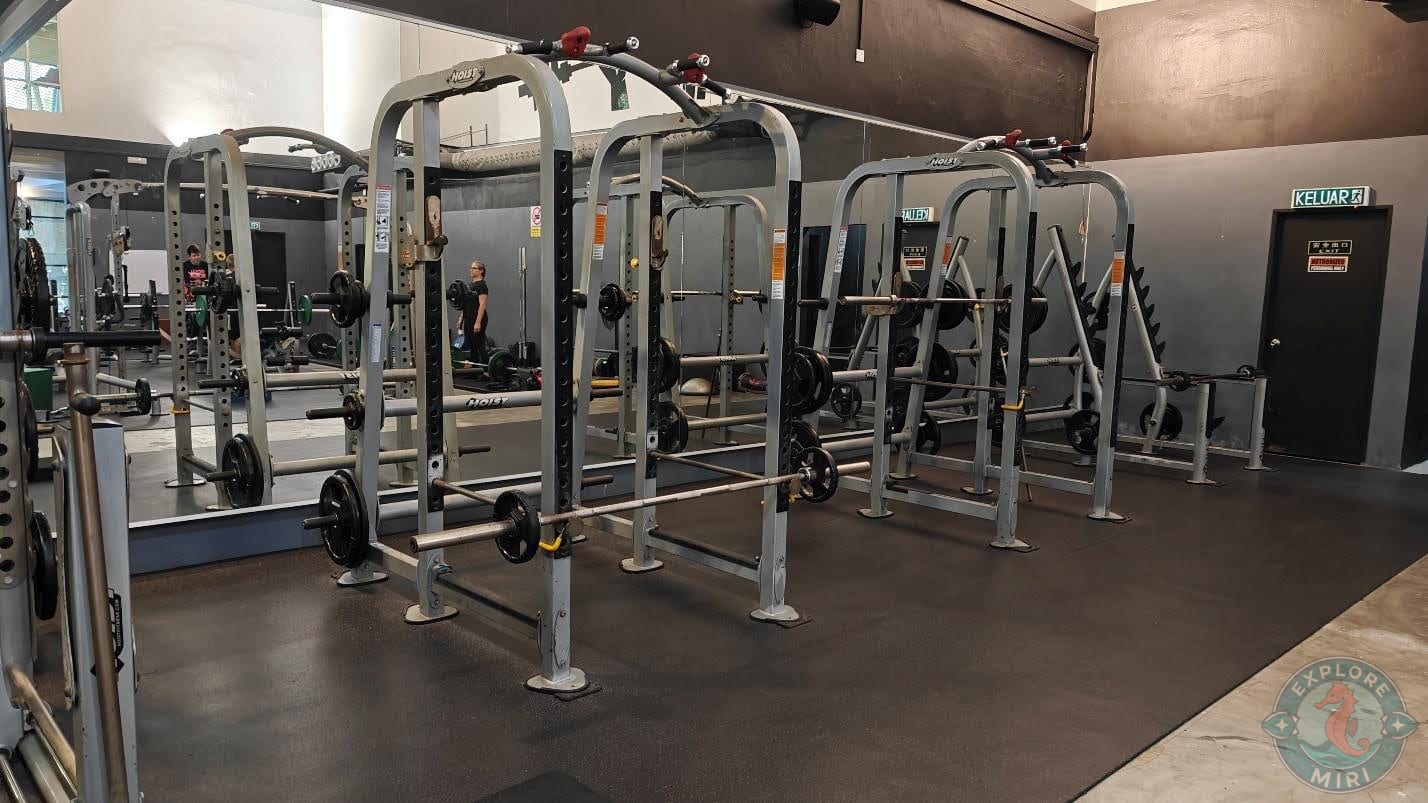 gym had bars with various weights and smith machines