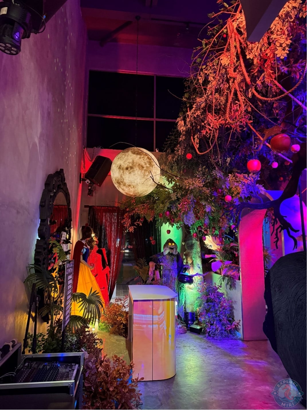 interior was brightly lit and maximalist with a Cinderella theme, forest theme and Greek goddess