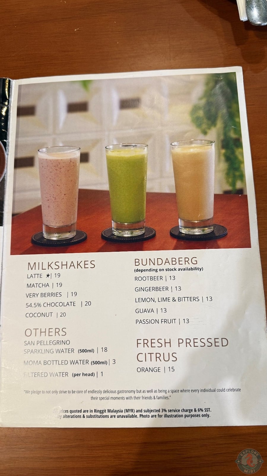 menu also offered milkshakes in different flavour
