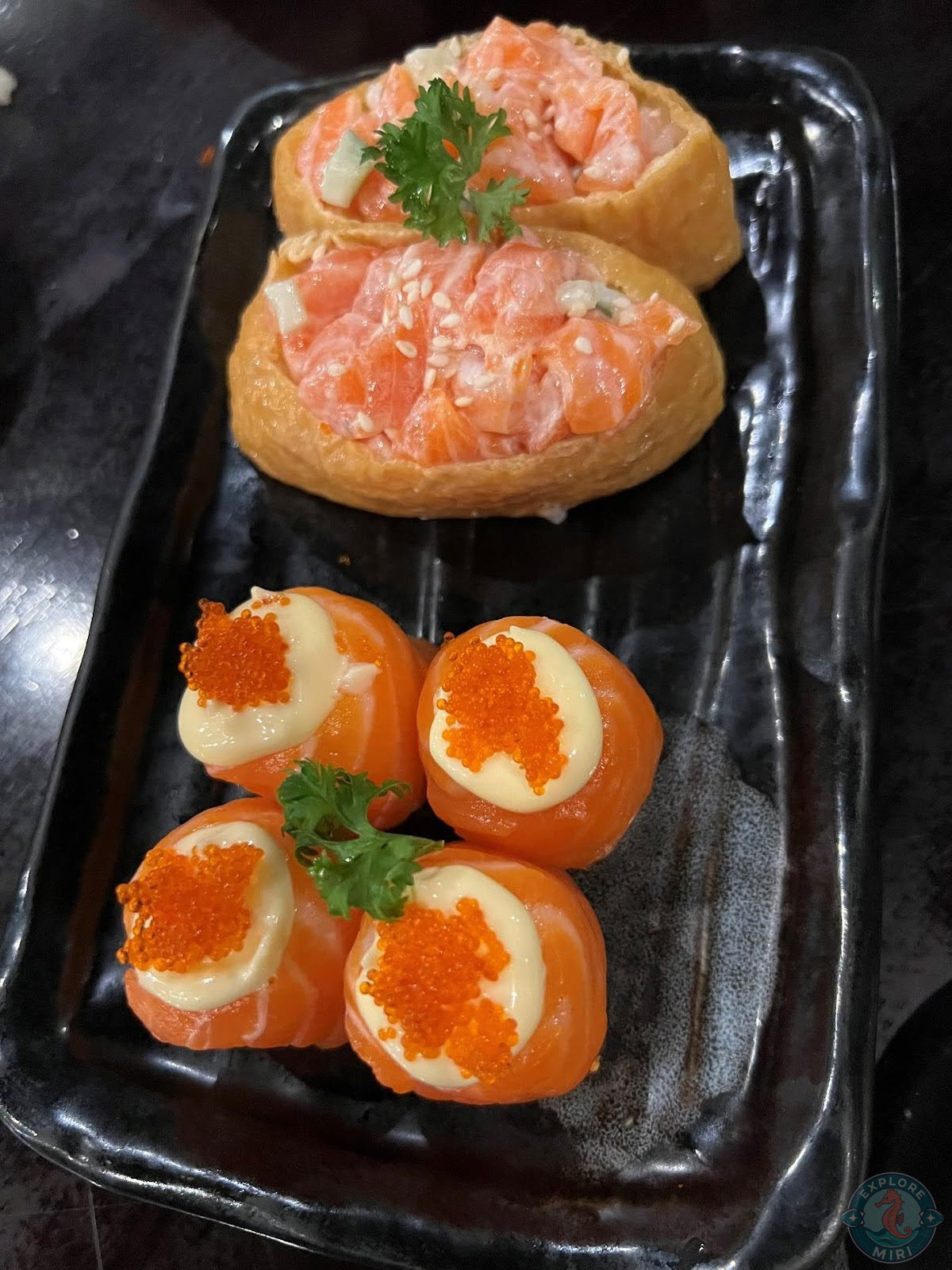 salmon sushi plate with inari and mayo sushi