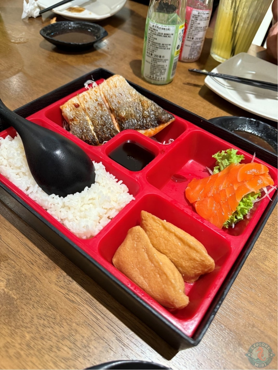 salmon teriyaki bento came with salmon steak, sashimi and inari with a side of rice