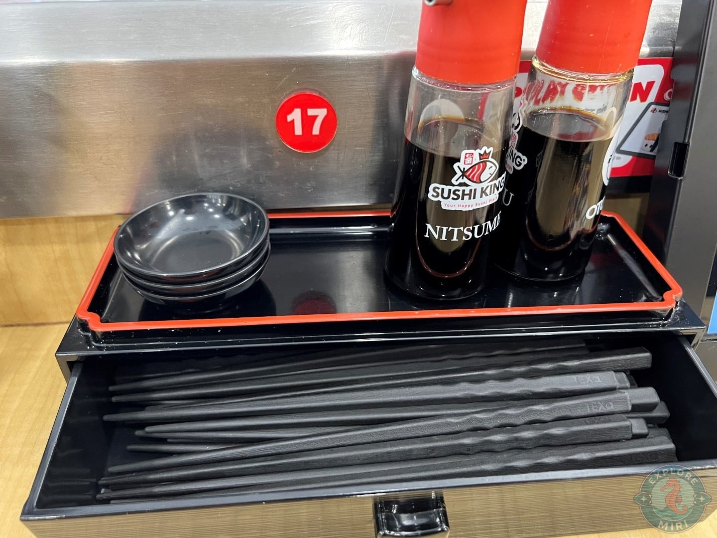 soy sauce and chopsticks were available at each table