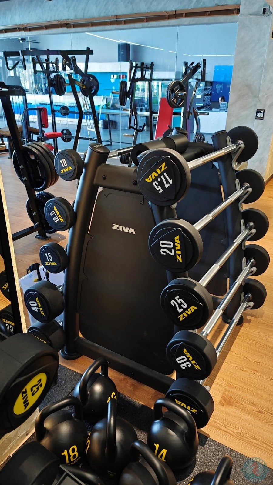 Barbells weighing up to 30 kg and a number of kettlebells