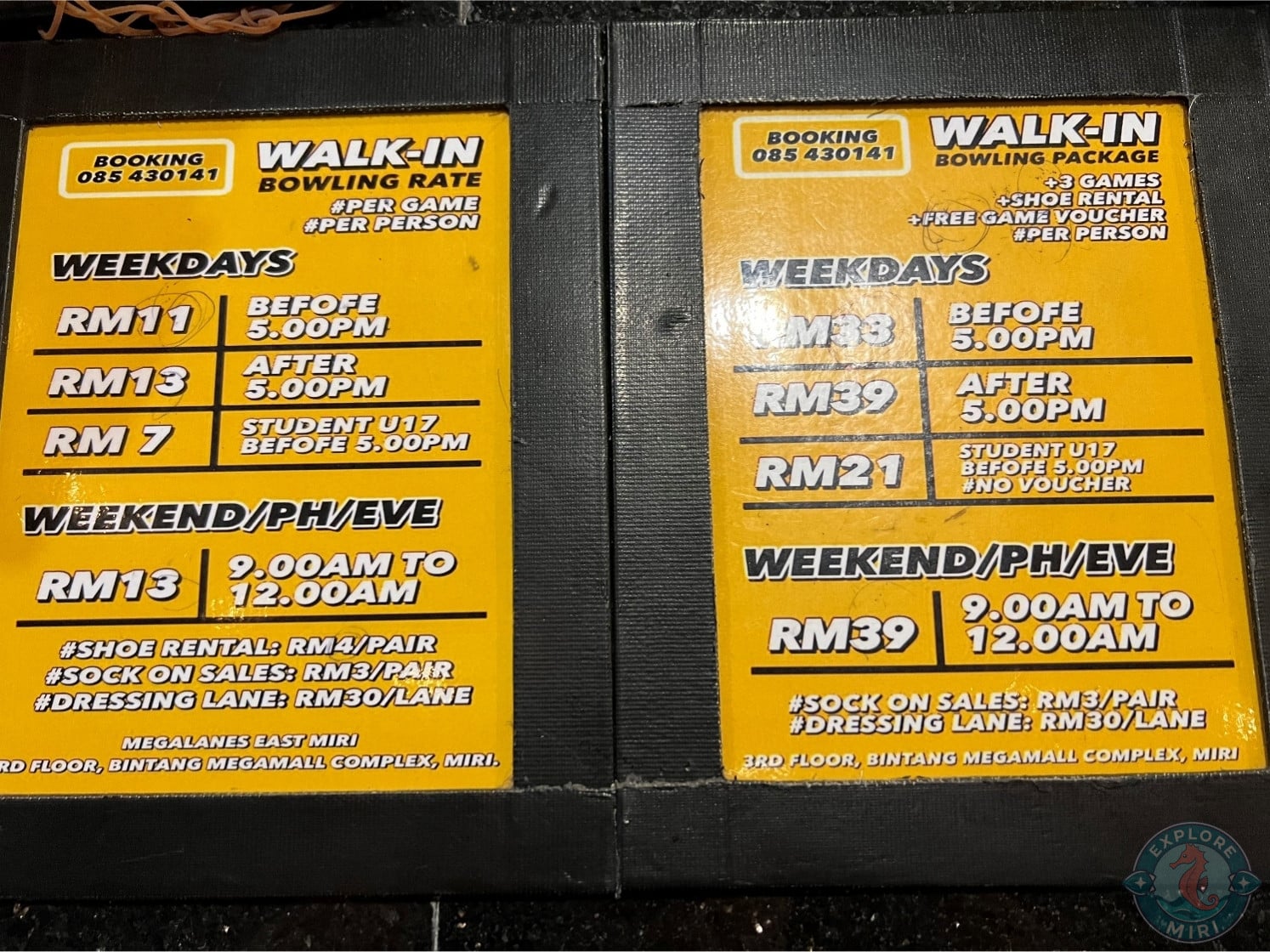 board displaying all the offers and prices for both weekdays and weekends