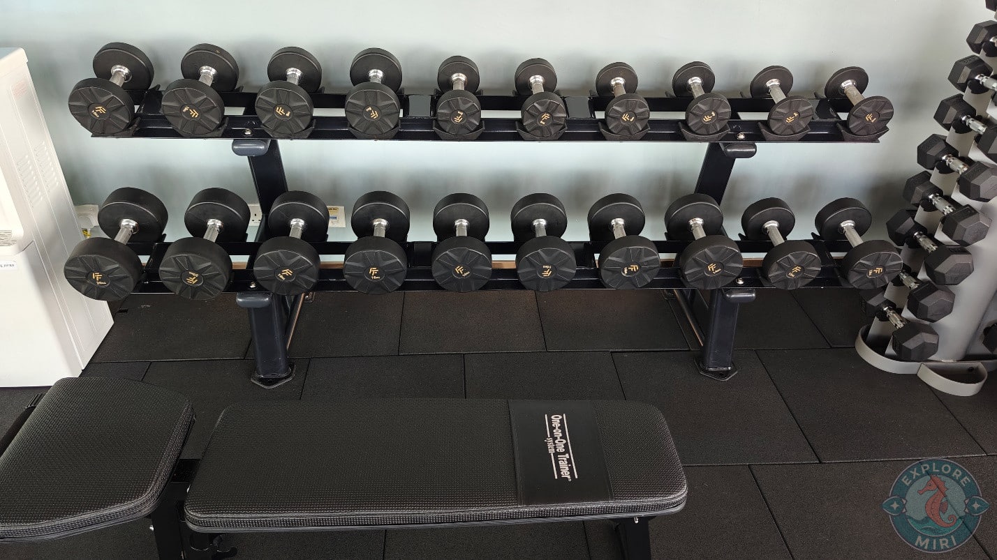 exercise bench was placed right in front of the racks of dumbbells