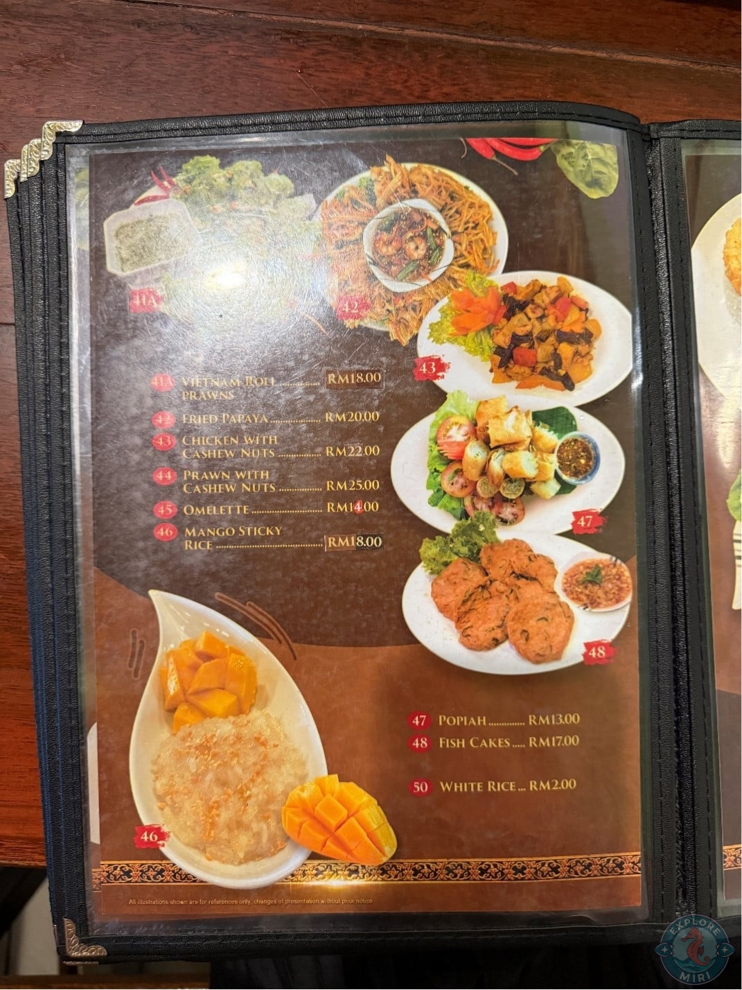 prawn with cashew nuts, fish cakes and mango sticky rice