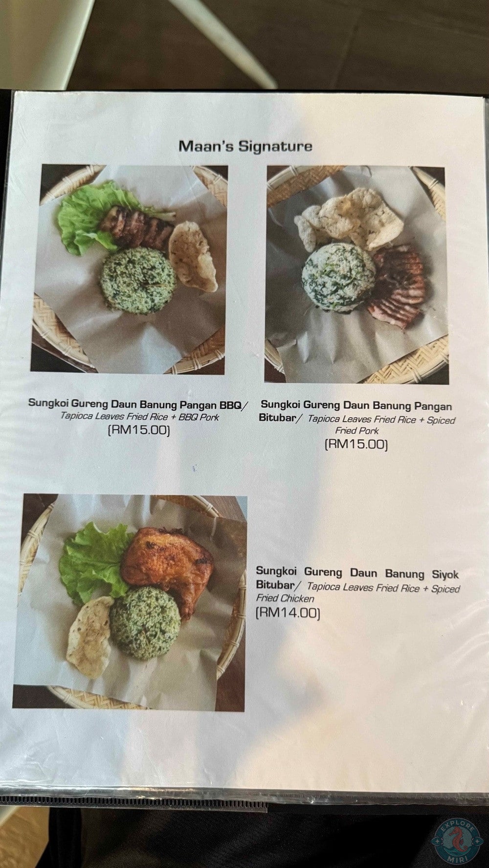 Maan Cafe and Restaurant Miri Bidayuh & Local Cuisine Sungkoi Gureng Daun Banung Tapioca Leaves Fried Rice Menu 12