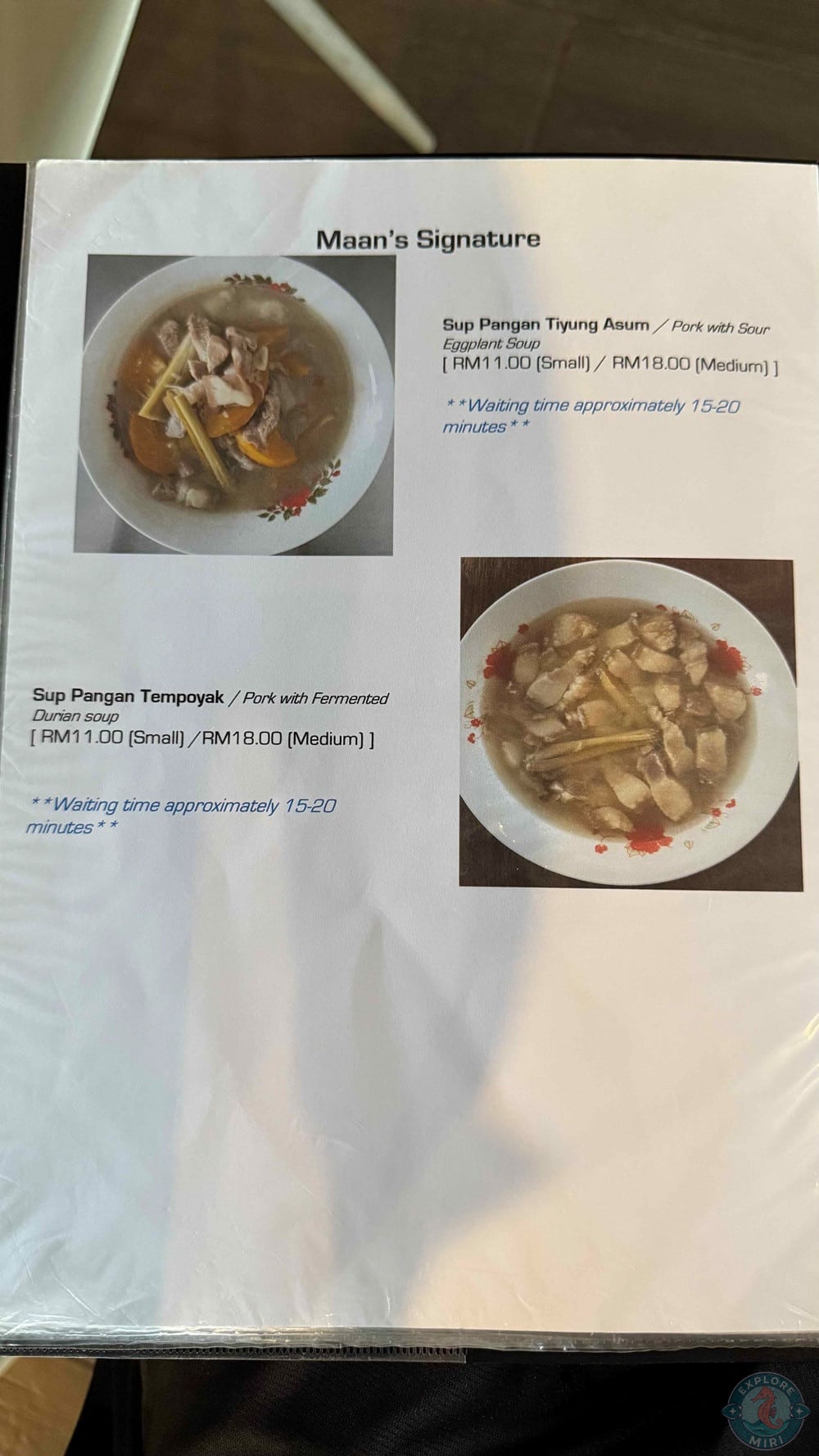 Maan Cafe and Restaurant Miri Bidayuh & Local Cuisine Sup Pangan Tiyung Asum Tempoyak Menu 8